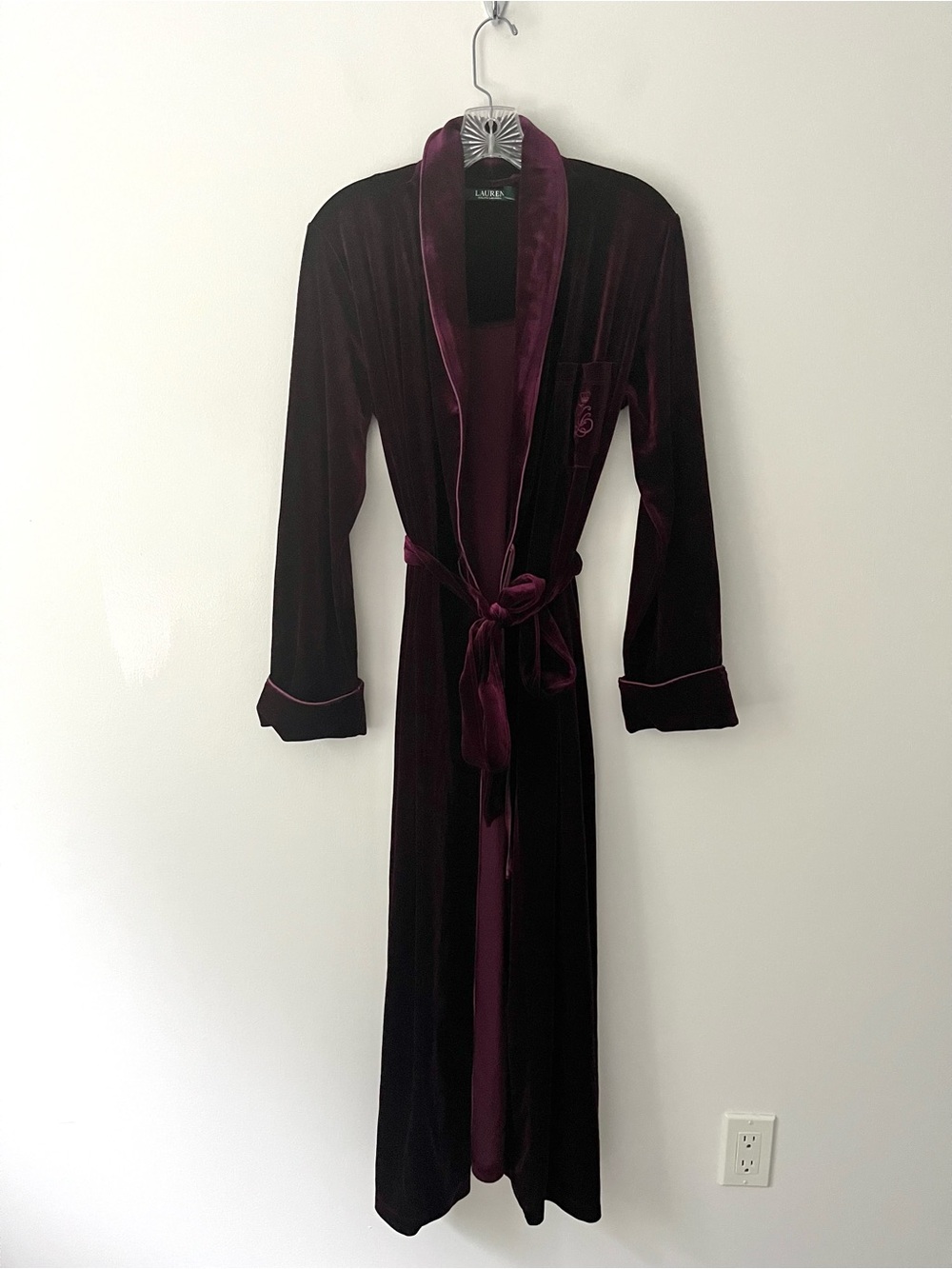 Lauren Ralph Lauren Velvet Shawl Long Bath Robe Logo Red Small - Picture 3 of 13